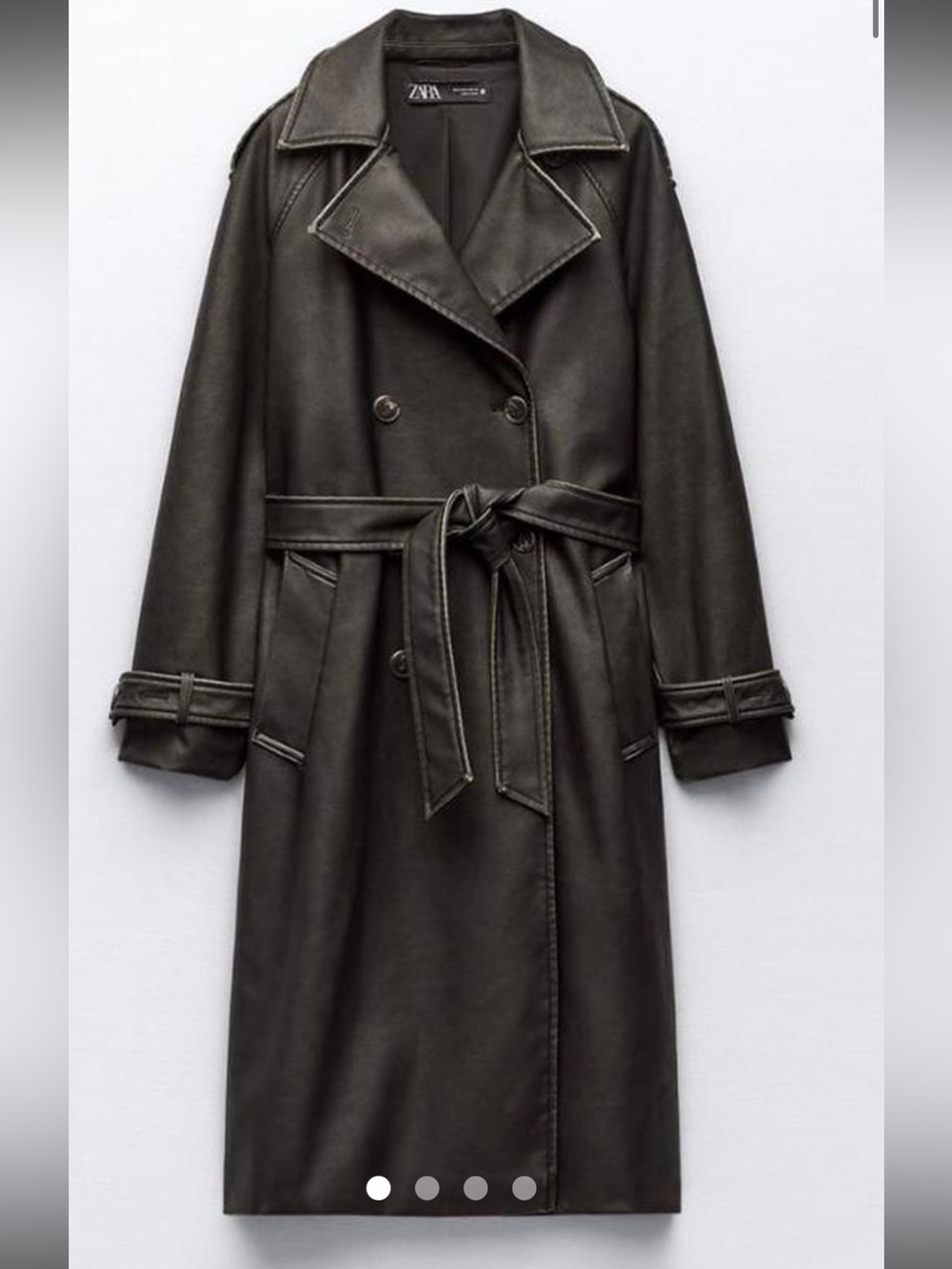 ZARA Black Faux-Leather Double-Breasted Trench with Belt